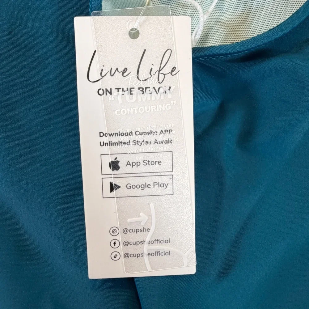 Cupshe Teal‎ Blue One Piece Swimsuit Mesh Plunge Gold Belt Tummy Contouring NEW